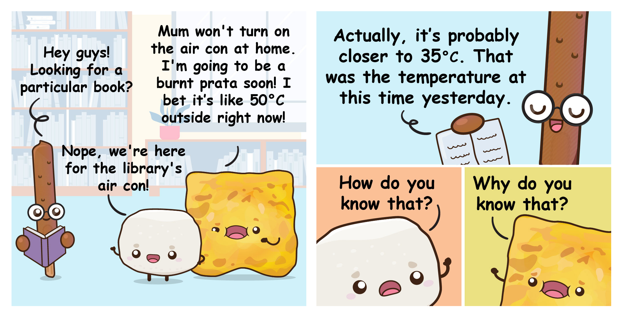 Two-panel comic where where Bouncy and Flip visit the library to escape the heat, prompting Coco to accurately estimate the temperature based on yesterday's data.